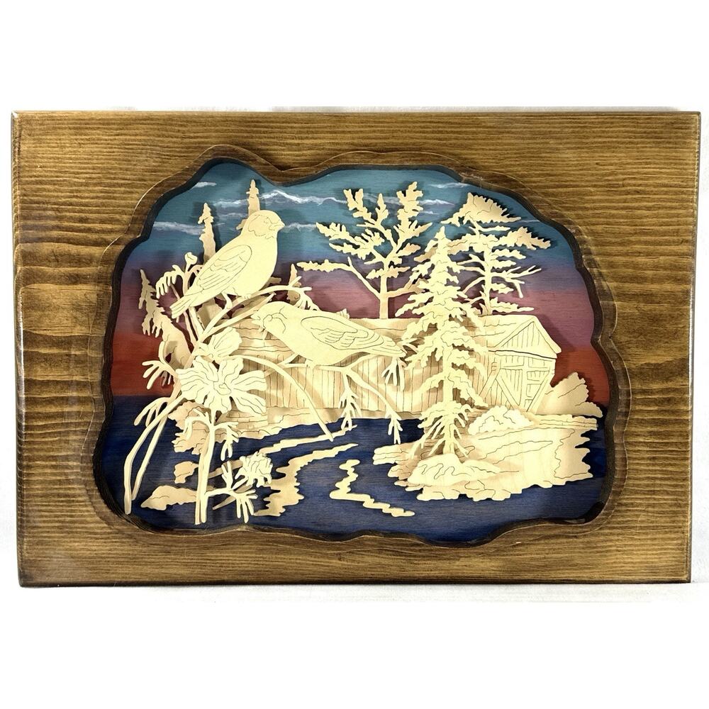Layered Wood Shadow Box Wall Art Birds Barn Landscape 16x11” Vintage - Picture 3 of 6
